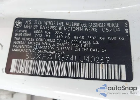 2004 BMW X5 3.0I z USA, uszkodzony, nr VIN 5UXFA13574LU40269